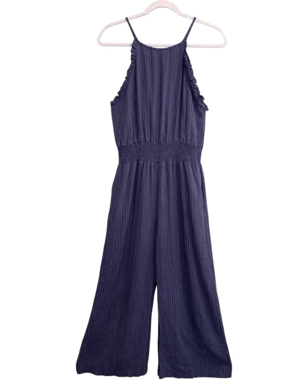 Homebody 100% Linen Navy Pinstripe WIde Leg Jumpsuit Ruffle Halter Euro Summer-M